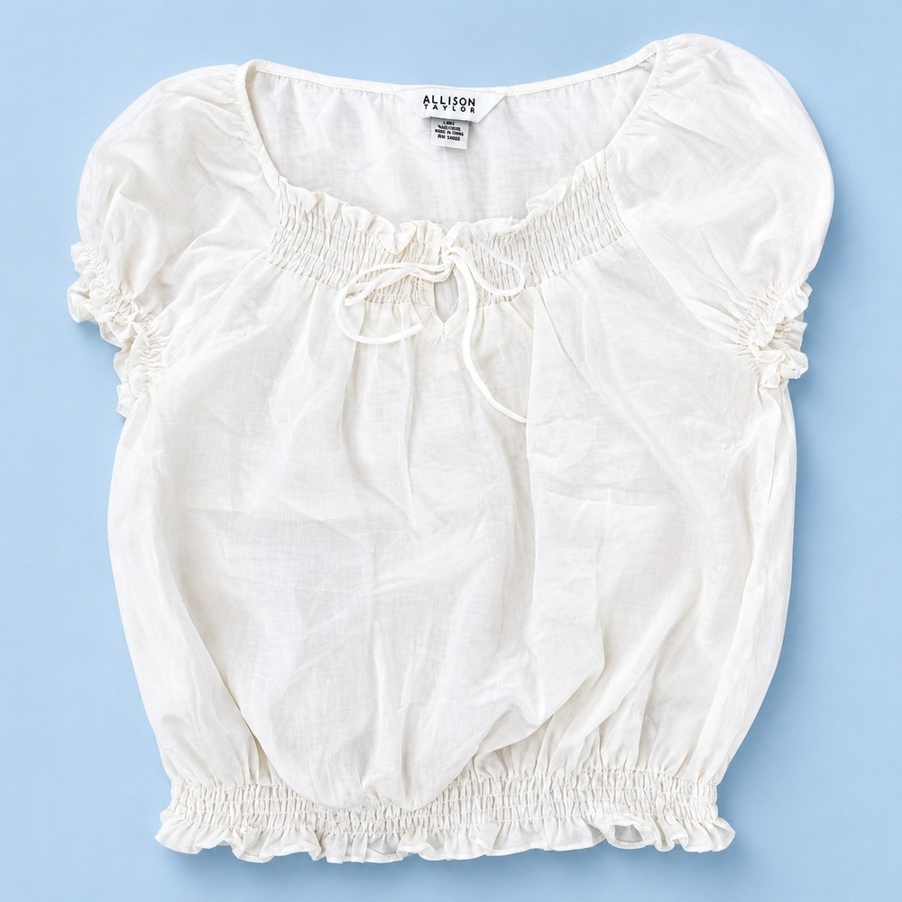 Allison Taylor White 100% Linen Smocked Peasant Blouse LRG Short Sleeve Cottage